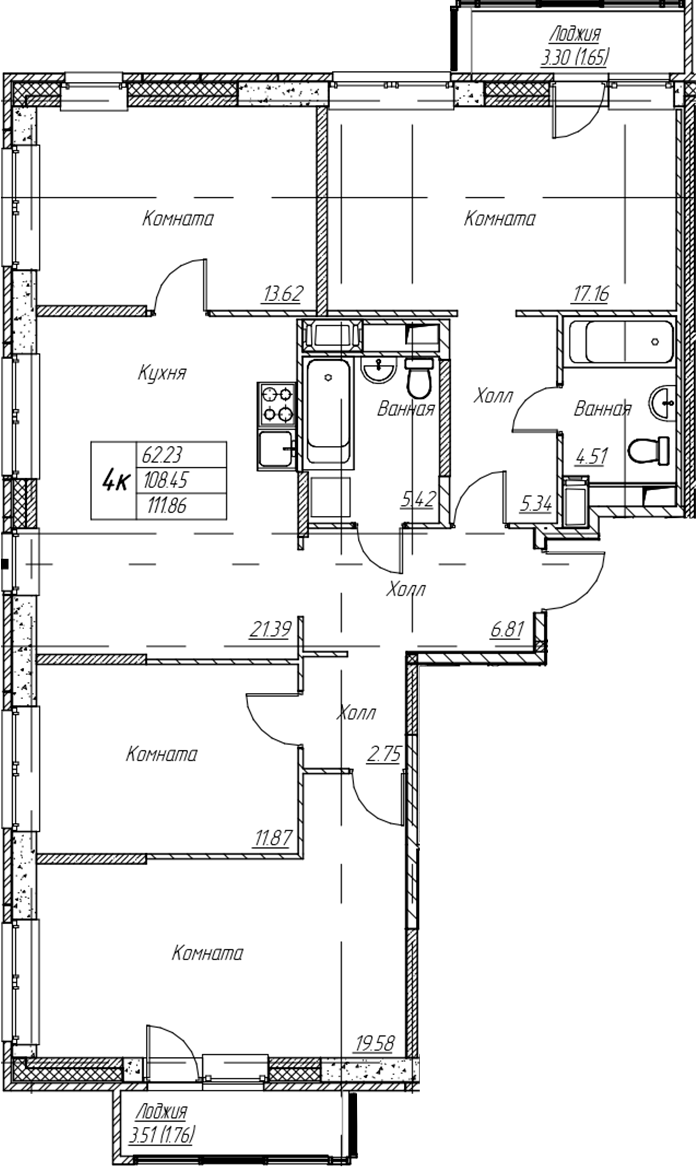 4-комнатная квартира 111.86 м², 21/22 эт., ЖК «Парк-квартал Юнтолово»